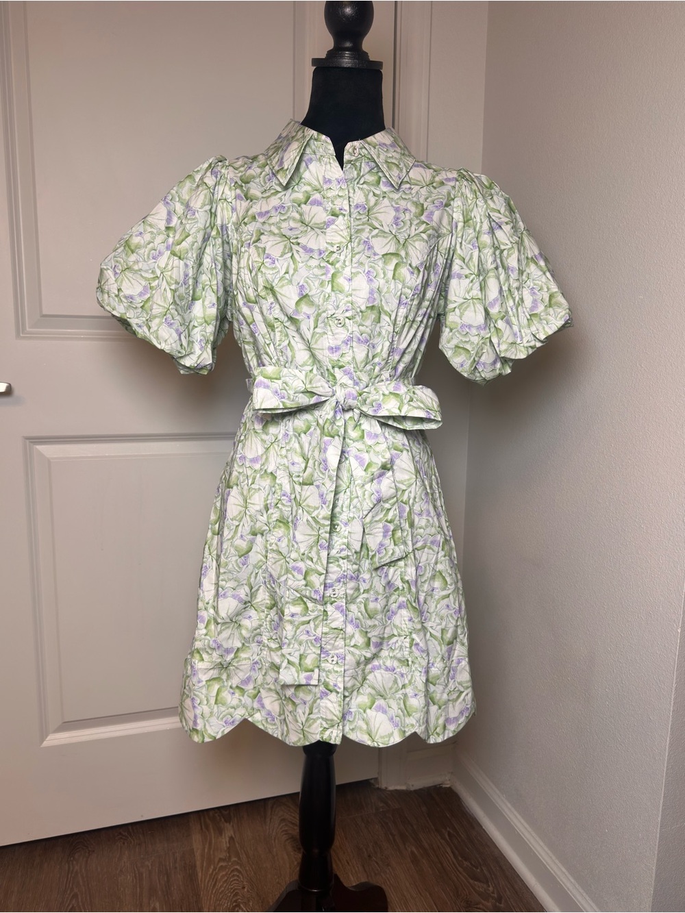 MABLE Pastel Green Floral Puff-Sleeve Shirt Dress / BNWT